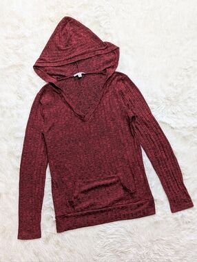 Y2K Zenana Red Hooded V Neck Marled Knit Sweater With Kangaroo Pocket Size Small